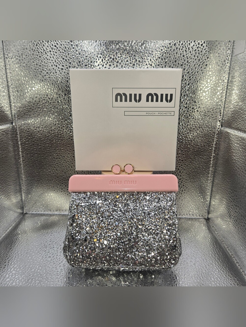 Miu Miu Silver Glitter Coin Purse with Pink Frame